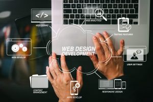 Developing programming and coding technologies with Website design in virtual diagram.cyber security internet and networking concept.Businessman hand working mobile phone on laptop computer background